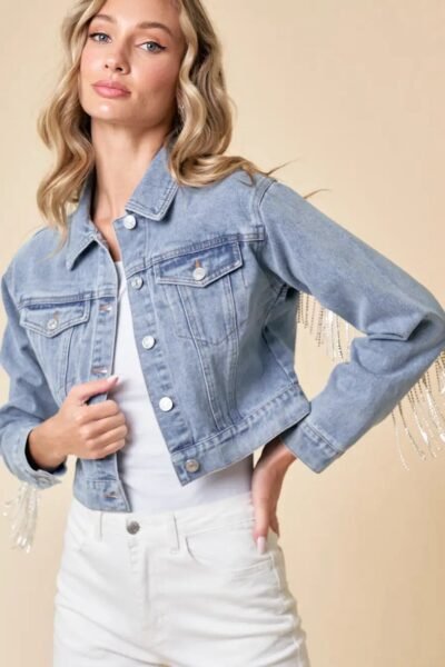 denim and rhinestone cropped jacket