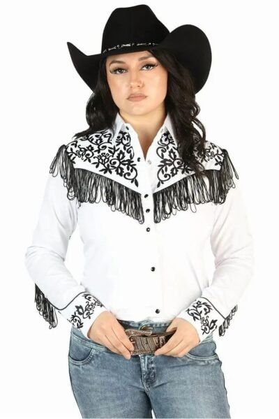Blusa Estilo Western Bordada Blanca con Flecos para Mujer