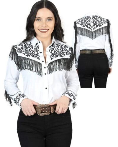 Blusa Estilo Western Bordada Blanca con Flecos para Mujer