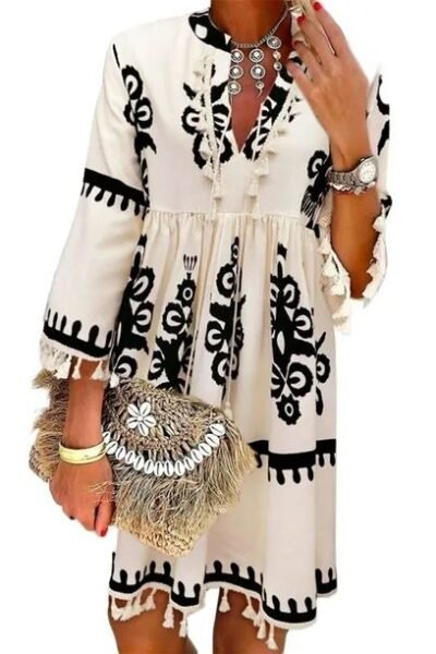 Women's Beige Western Pattern Print Mini Dress