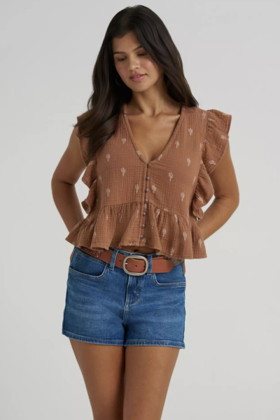 WOMEN'S GAUZY FLUTTER SLEEVE BLOUSE