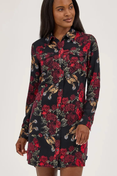 Wrangler Retro Women's L/S Floral Western Snap Mini Dress in Black