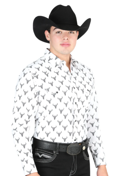 White Printed Long Sleeve Denim Shirt for Men 'El General'