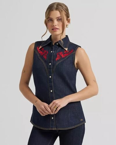 Lainey Wilson x Wrangler Embroidered Sleeveless Denim Shirt