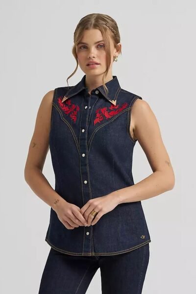 LAINEY WILSON X WRANGLER EMBROIDERED SLEEVELESS DENIM SHIRT