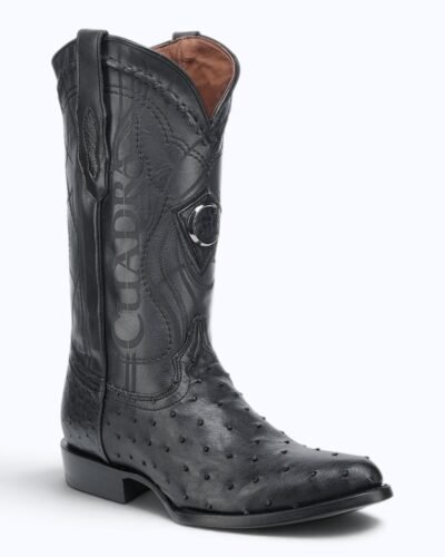 Cuadra Mens Black Ostrich Leather Cowboy Boots With Pointed Toe